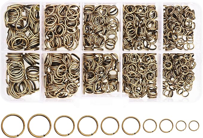 Mandala Crafts Assorted Antique Brass Double Jump Rings for Jewelry Making - 800 Pcs Mini Split Key Rings Set for Crafts, DIY Keychains, and Accessories