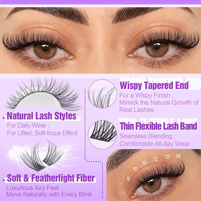 Yawamica Lash Clusters Kit Natural Lash Extension Kit 8-14mm Short Eyelash Clusters C Curly Wispy Individual Lashes with Waterproof Lash Bond and Seal and Lash Tweezers DIY Lash by Self