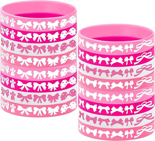 24PCS Pink Bow Silicone Bracelet Party Favors -Bow Rubber Bracelet Party Supplies Decorations Birthday Baby Shower Holiday Class Prizes Party Gifts