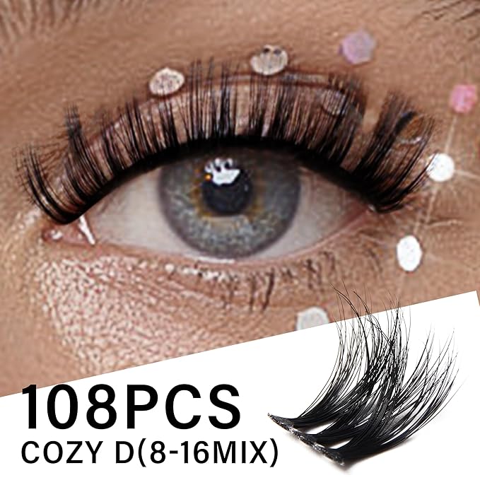 VYRILA Lash Clusters 0.05mm Individual Lashes, 3D Wispy Lashes Clusters, 0.1mm Super Thin Band Resuable Natural Lashes,D Curl Faux Mink Lashes,108pcs Lash Extension (Green Cozy-D-0.05-8-16mix)