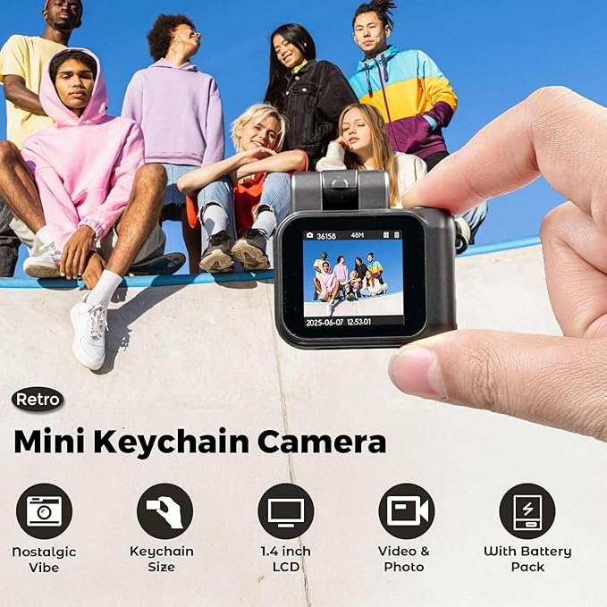 Small Digital Camera Keychain with Flash Light 1080p Tiny Camera Mini Retro Micro 1.4 in LCD Screen 32GB Card Charging Base Compact Portable Recorder for Travel Study Recording (Black)