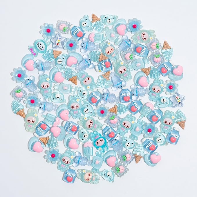 Charms 100PCS Mixed Kawaii Flatback Resin Charms for Crafts, Cabochon for DIY Projects, Slime Charm, Resin Art, Scrapbooking, Phone Case & Accessories (Blue)