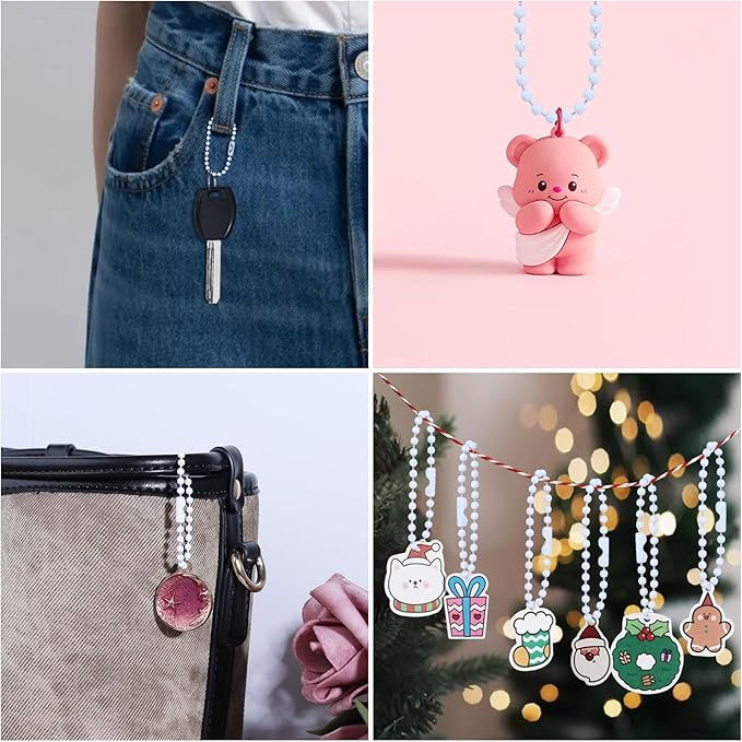 Lemonkey 20Pcs Ball Beads Chain Bulk,White Keychain Rings Metal 4 Inch Dog Tag Metal Small Chain with Connectors for Hanging Decoration