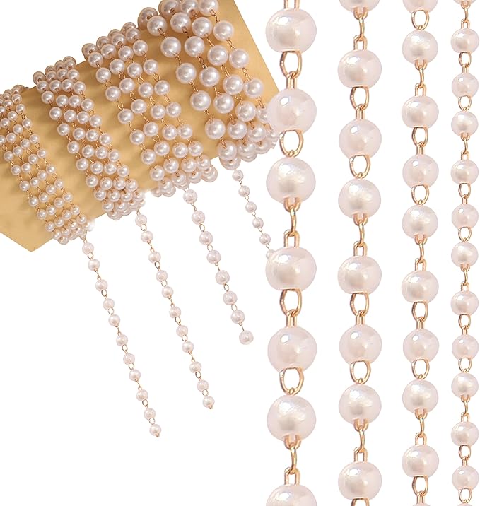 4 Yards Faux Pearl Chain, Gold Stainless Steel Chain Link with Lobster Clasps, for Jewelry Making Craft Supplies Findings (4mm, 5mm, 6mm, 8mm Pearls)