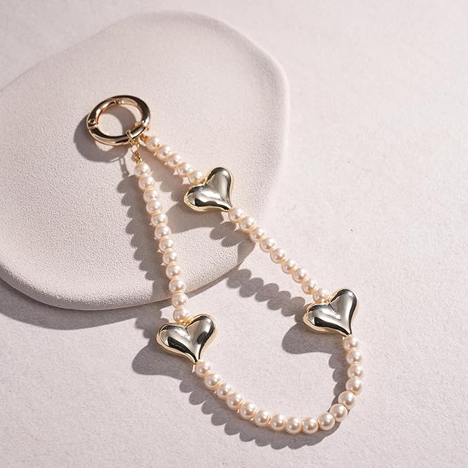 Beaded Phone Wrist Strap for Women Pearl Wristlet Strap Cute Phone Lanyard Golden Heart Shaped Bead Cellphone Chain (Pearl White)