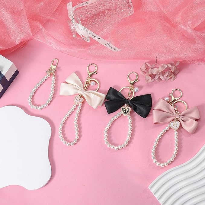 2Pcs Cute Bow Keychain for Women,Purse Charms Bow Bag Charms for Handbag, Pearl Keychain Accessories for Car