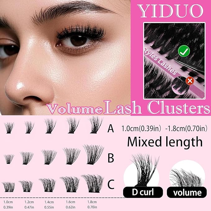 YIDUO Lash Clusters Lashes Kit Volume D Curl Wispy Individuals Eyelash Extensions, Volume Studio Effect, Fake Eyelashes 255Pcs All-in-1 Pack with Glue |Tweezers |Removers |Eyelash & Eyebrow Brush