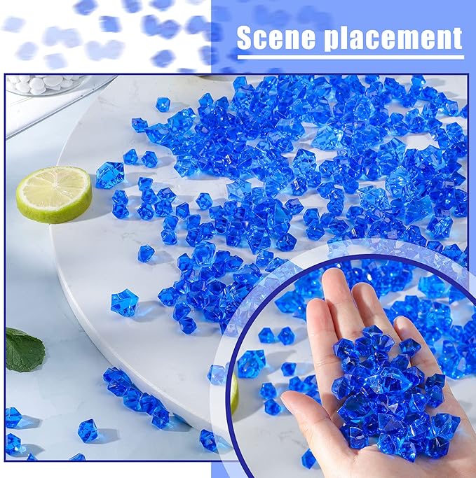 450 Pieces Fake Ice Cubes Diamonds Ice Rocks Acrylic Stones Crystals Plastic Cubes Gems Vase Rocks Centerpiece Vase Filler Gems for Weddings Party Decoration Display Table Scatter, 2 Sizes (Royalblue)