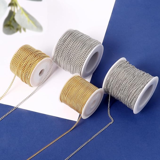 [66 FT] Stainless Steel Curb Chains Bulk for Jewelry Making, 2mm 304 Stainless Steel Flat Twisted Links Curb Chains Roll Spool for Jewelry Making DIY Craft