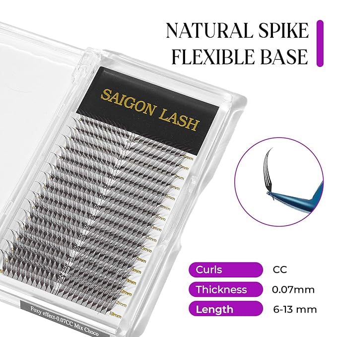 SAIGON LASH Foxy Effect Promade Fans – Wispy Volume Lashes, CC Curl 0.07, 6–13mm Mixed Length, Handmade Loose Lash Extensions for Natural Lift (Dark chocolate-CC-0.07-6 - 13mm)