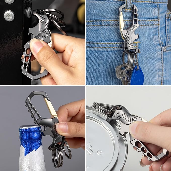 Heavy duty metal keychains, Carabiner clip Car key chains,Fashion family keychain bottle opener and 3 Key Rings suitable for men and women.(Gold-2pcs