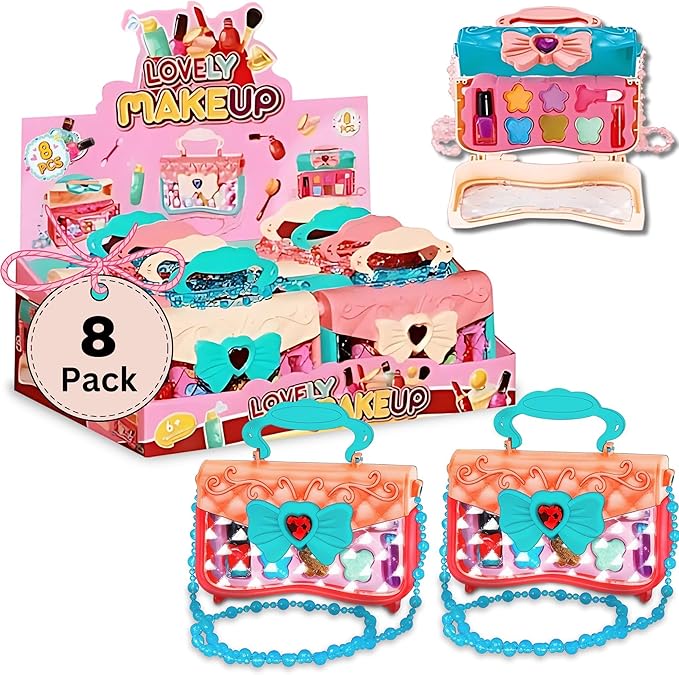 Kids Makeup Kit for Girls – Real Washable Play Cosmetic Set Palette Case, Non-Toxic Pretend Makeup Toys, Perfect Party Favors & Gifts (8 Pack Purse)