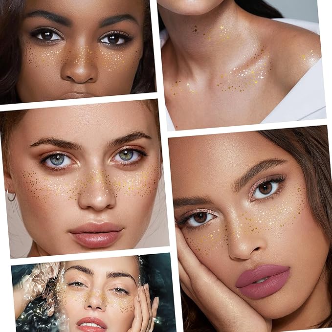 24 PCS Glitter Freckles Face Tattoos Face Glitter Makeup Speckles Patches, Halloween Tattoos Cosplay Party Makeup Accessories for Women Girl, Cosmetic Glitter for Face
