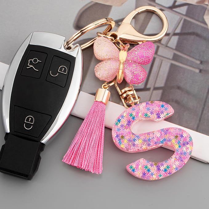 Suweibuke Cute Pink Key Chains for Women Girls, Initial Letter Keychains with Tassel, Charms for Key Purse Handbags Backpacks