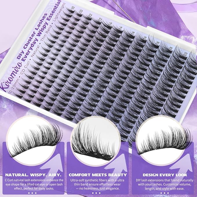 Kiromiro Wispy Lash Clusters Kit 10-20mm Cluster Eyelash Extensions DIY Lash Extension Kit 240pcs Natural Cluster Lashes Kit C Curl Cluster Eyelashes with Bond and Seal & Tweezers