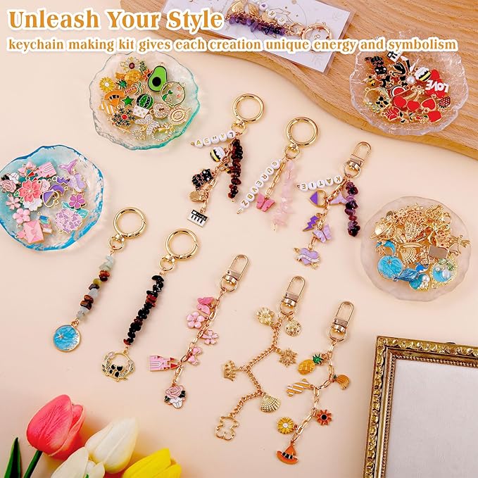 TOHONGADON 674 Pcs Keychain Making Kit, Bag Charm Kit with 3 Kinds of Crystal Stones, 322 Charms, 12 Keychain Clips, Key Ring Jewelry Plier, Extender Chain, Letter Beads for DIY Crafting