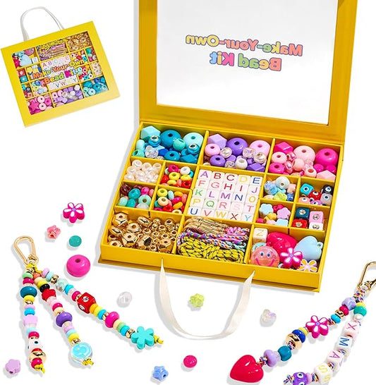 MYCUTEY DIY Keychain Making Kit-Beaded Keychain & Bag Charm Craft Supplies with Keyrings,Cords and Colorful Letter,Star,Heart,Beads,Personalized Name Making Kit Gifts for Kids Girls Women