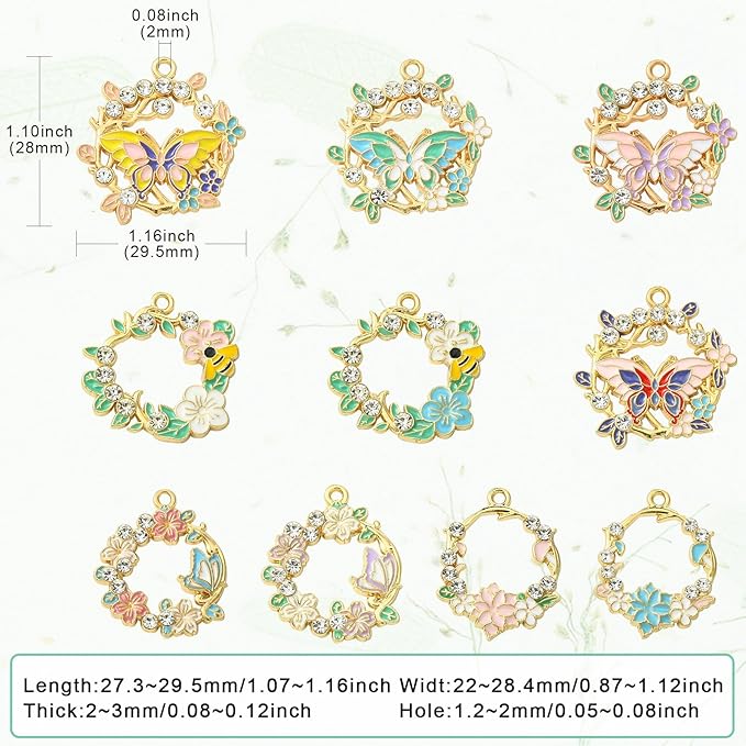 Stiesy 20 Pcs 10 Styles Spring Flower Wreath Charms Enamel Metal Charm Pendant with Rhinestone Butterfly Bee for Jewelry Making DIY Bracelet Earring Necklace Crafting