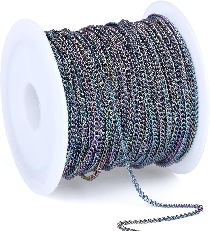 66FT Colorful Stainless Steel Curb Chains Roll, 1.5mm 304 Stainless Steel Multi Color Flat Twisted Links Curb Chains Bulk Spool for Jewelry Making DIY Craft
