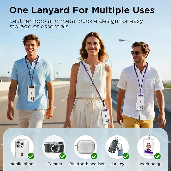 3-in-1 Cell Phone Lanyard 1 Pack + Wrist Strap 1 Pack - Convertible Crossbody Strap with Locking Knob Friendly, Adjustable Neck Lanyard for Gym/Work/Travel Essentials(Purple)