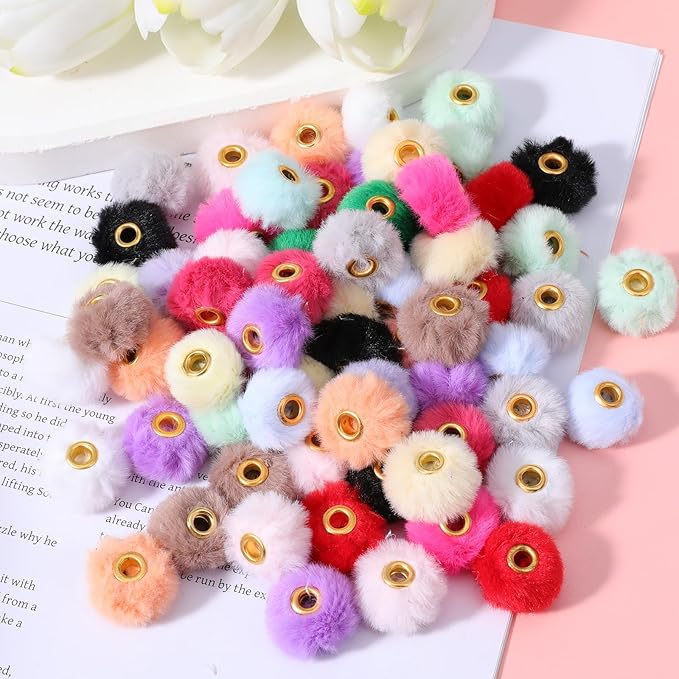 80PCS Pom Pom Beads 10 Color Soft Puff Bead Mixed Fluffy Fuzzy Bead Faux Fur Poms Spacer Beads for Bracelets Jewelry Making Keychains Pens Earrings Garland Headband DIY Crafts Gifts Accessories