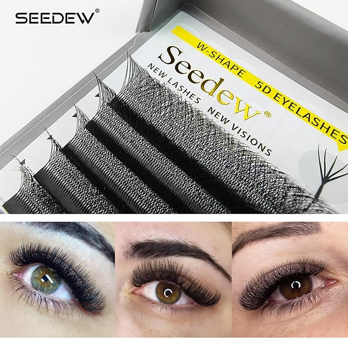 SEEDEW 5D Lash Extensions, 0.07mm D Curl 10mm 12 Rows/Tray, W Shape Flat Stem, Korean PBT Volume False Eyelashes Grafting for Beginner Artist, Lash Tech, Beauty Salon(5D-Matte Black-0.07-D-10mm)