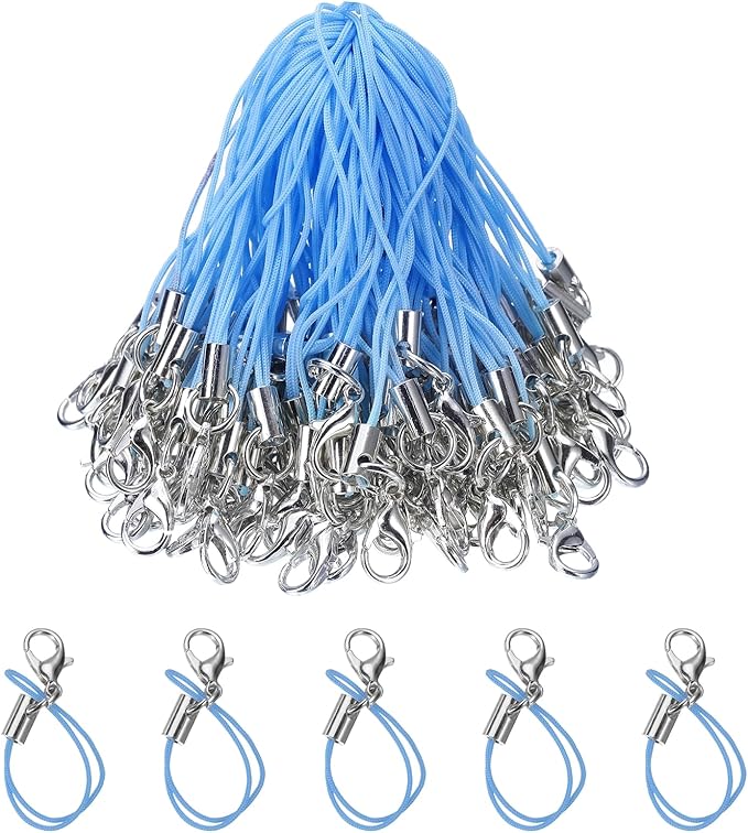 HARFINGTON 100Pcs Clasp Cords Clasp Strap Lanyard Charm Short Finger Rope with Lobster Clasp for Cellphone Cases Keychain DIY Jewelry Making, Light Blue
