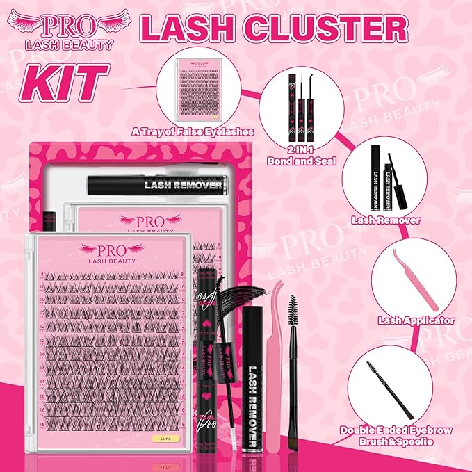 Natural Lash Extension Kit Wispy Lash Clusters Kit Lash Clusters Lash Bond Remover Eyelash Applicator Beginner DIY Lashes Kit Easy to Use(Luna,8-16mix)