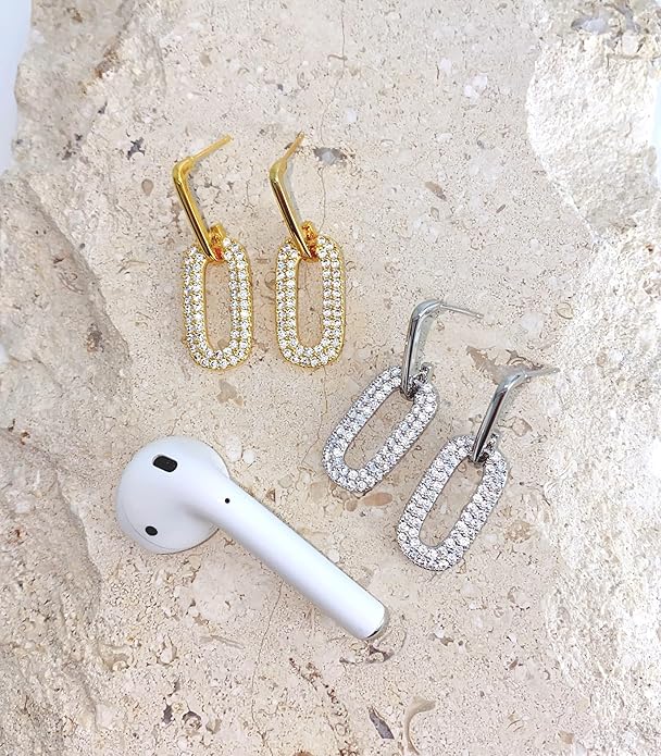 OZEL 14K Gold & Silver Plated Paperclip Chain Earrings with Cubic Zirconia – Dangle, Hoop, Huggie, Stud Styles – Women’s Fashion Jewelry Gift