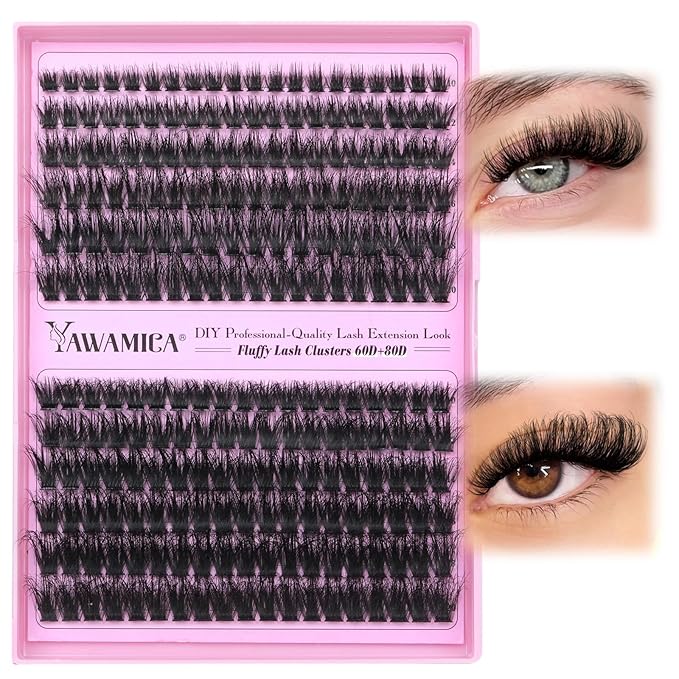 Yawamica Lash Clusters 60D 80D Thick Volume Cluster Eyelash Extensions Fluffier Eyelash Clusters 10-20mm Wispy Lash Extension D Curly Individual Lashes 280pcs DIY Lash at Home