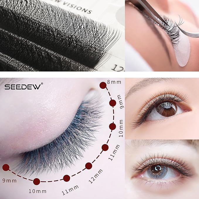 SEEDEW 3D Lash Extensions, 0.07mm LU/M Curl MIX8-15mm 12 Rows/Tray, W Shape Flat Stem, PBT Natural Eyelash Grafting for Beginner Artist, Lash Tech, Beauty Salon(3D-Matte Black-0.07-LU-MIX8-15mm)