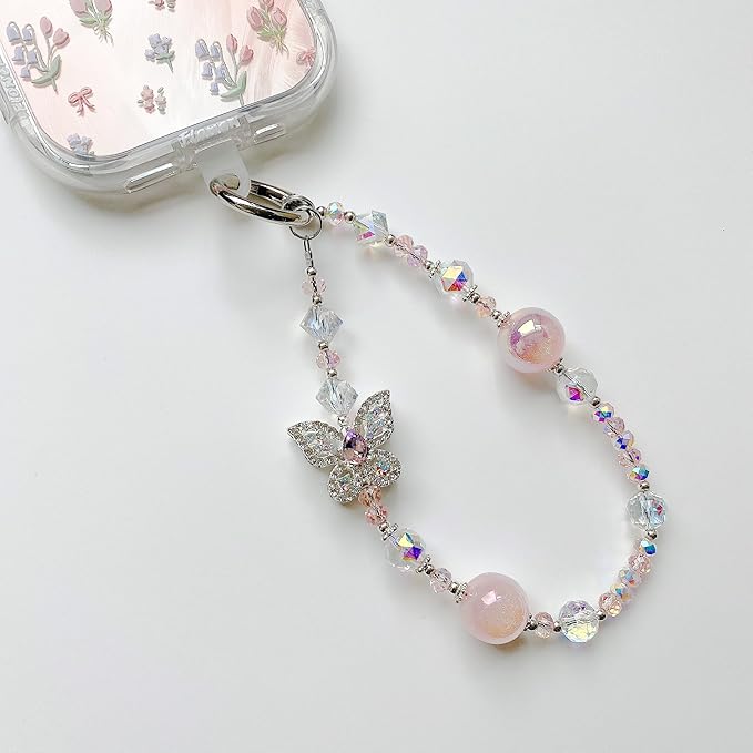 Crystal Butterfly Phone Charm, Pink Pearl Beaded Lanyard, Bling Shiny Wrist Strap Keychain for Purse Bags Car keys Earphones
