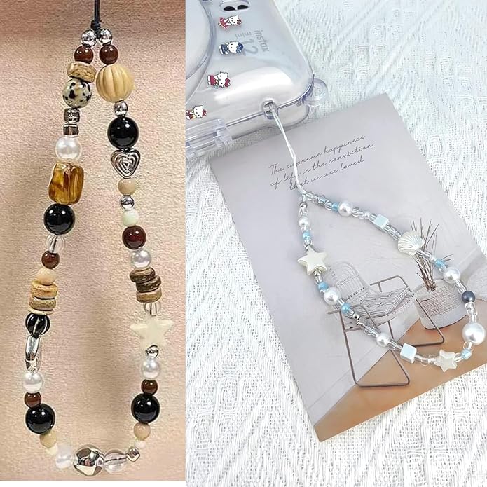 2 Pcs Phone Charm Strap Hand Universal for iPhone Wrist Strap Camera Lanyard Pearl Beaded Cute Chain String Accessories Universal for iPhone 17 Pro Max Samsung Women Girls Phones Bag Keychain