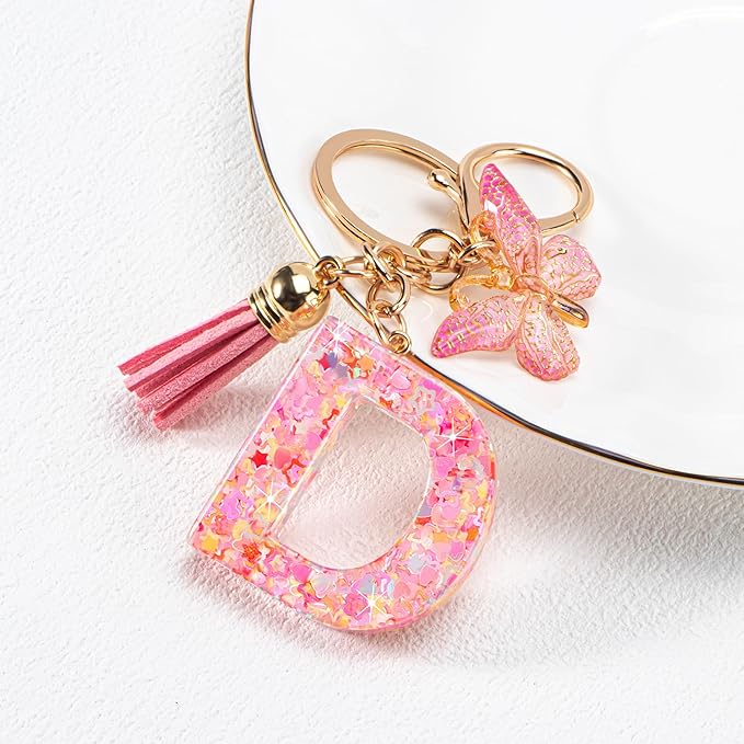 Initial letter Keychains for Women Girls Tassel Butterfly Cute Keychain for Wallet Backpack charm