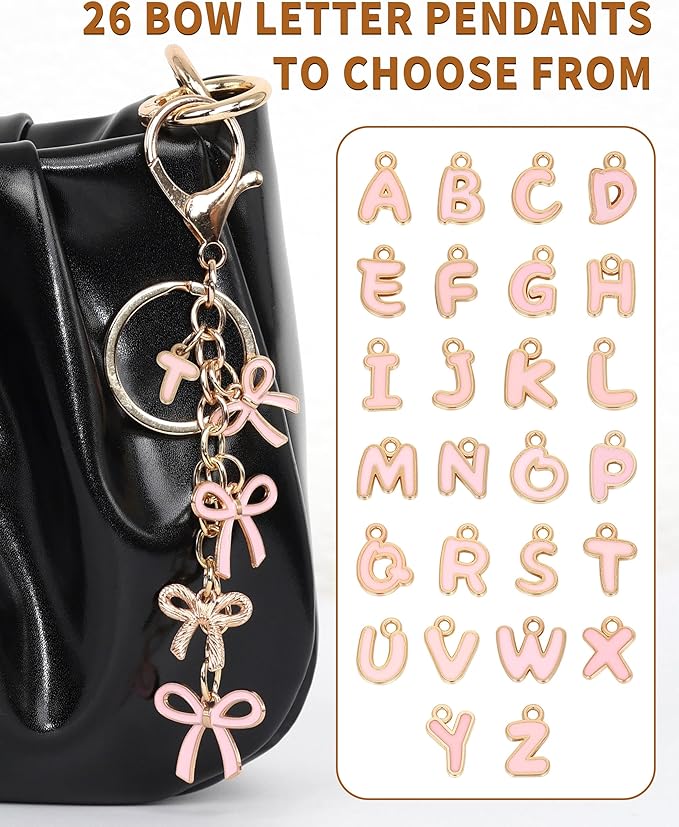 Bow Purse Charms Keychain - Pink Bow Alphabet Letter Key Chain, Bag Charms Wallet