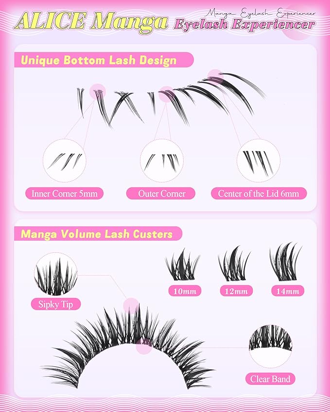 ALICE Lash Clusters Kit Natural Anime Eyelash Clusters Kit 10-14mm Wispy Manga Cluster Eyelash Extension Kit Sipky Clear Band Individual Cluster Lashes with 5-7mm Bottom Lashes Bond and Seal