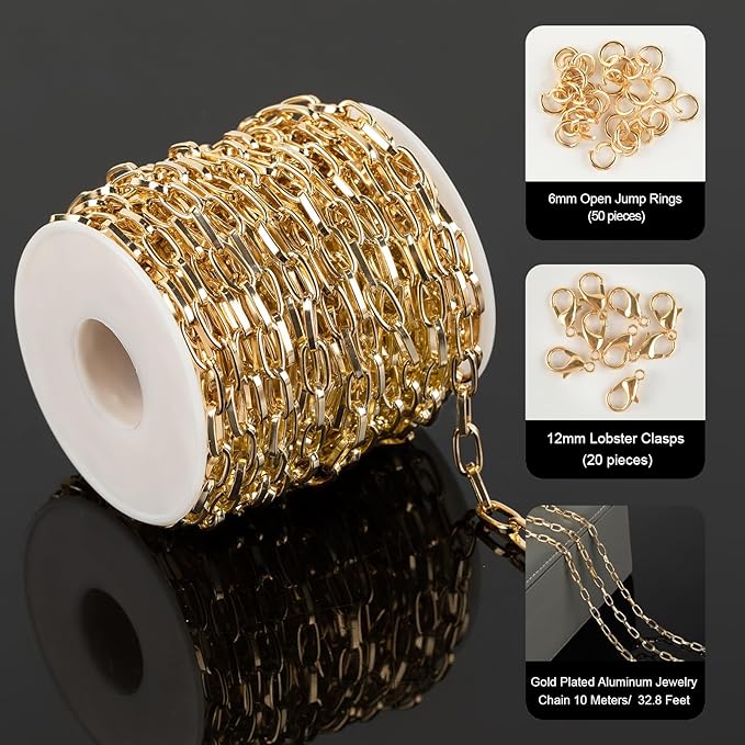 UMAOKANG 10 Meters Paperclip Chain for Jewelry Making Gold Plated Aluminum Jewelry Chains Bulk Unwelded Oval Paperclip Link Chain Necklace Bracelet DIY for Women and Men