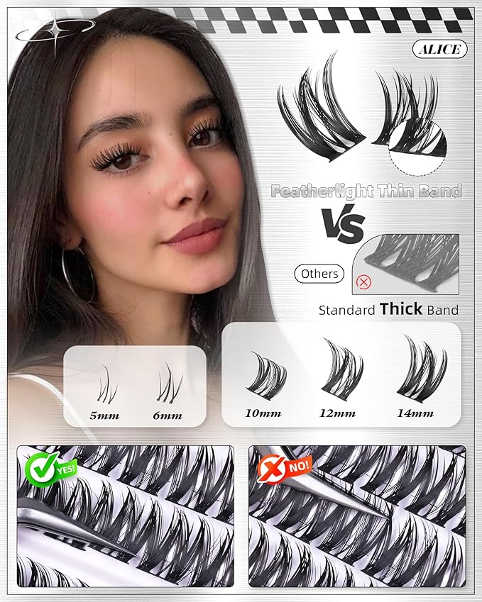 ALICE Flaunt Lash Clusters Natural Wispy Lash Extensions Short Volume 10-14mm Cluster Eyelash Extensions Thin Band Individual Lashes with Spiky Bottom Lashes