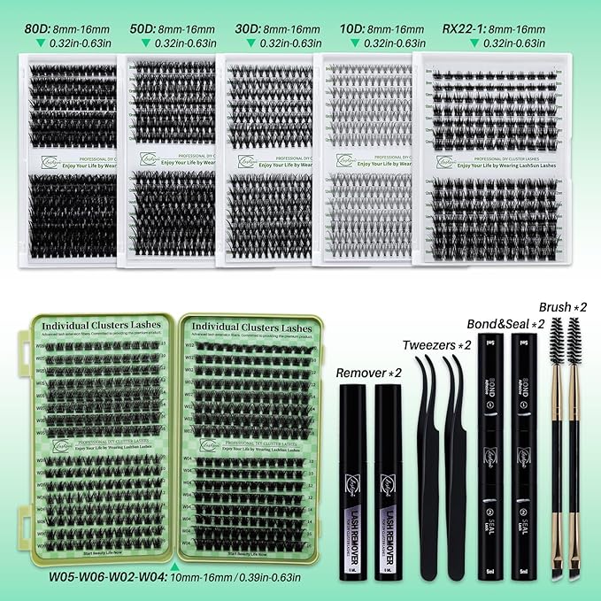 Lash Clusters Kit Wispy Eyelash Clusters Kit Lashes Clusters Kit Cluster Eyelash Extensions Pestañas Postizas Naturales+Lash Bond and Seal*2,Remover*2,Lash Tweezers*2,Mascara Brush*2(6 Boxes Kit-2)