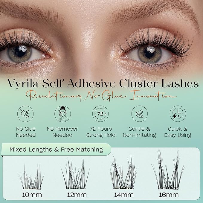 VYRILA Self-Adhesive Lash Cluster Kit, Pre-Glued Clusters with Tweezers, Pop-On Faux Eyelashes, 3D Thin Band D Curl Natural Look Lahses, Easy to Apply, Reusable Eyelash Extensions (Charm-10-16-Kit)