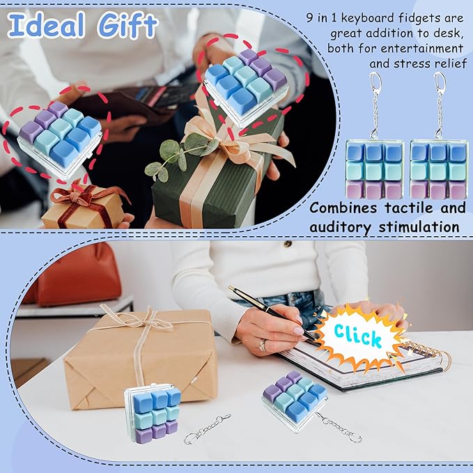 2 Pack 9 in 1 Keyboard Fidget Toy, Keyboard Fidget Keychain Anti-Stress Keyboard Decompression Button Finger Clicker Toys Stress Relief Fidget Gifts (Blue,Purple)