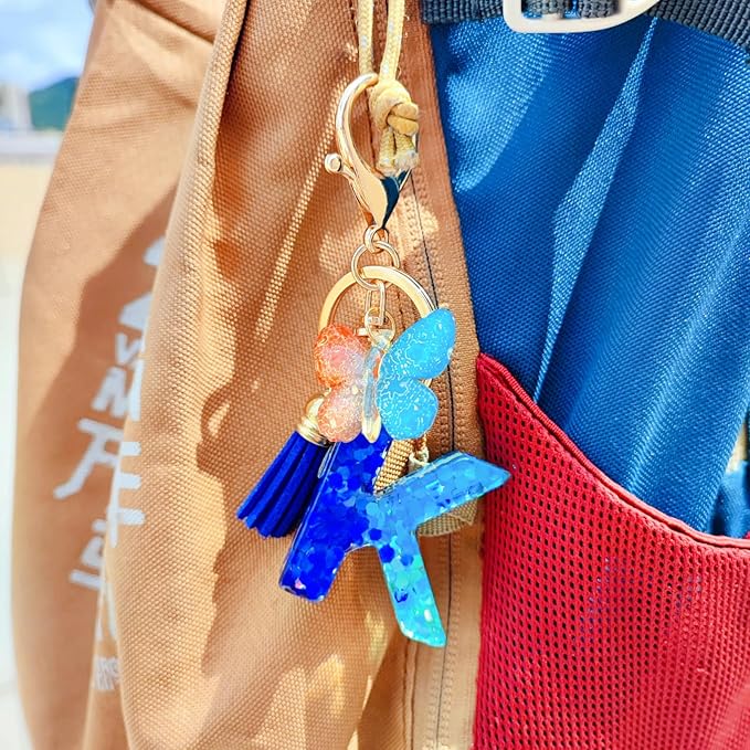 Cute Initial Letter Keychains for Women Girls Tassel Butterfly Pink Purple Green Keychain for Backpack School Bag