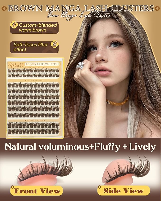 Pleell Brown Lash Clusters With Spikes Natural Manga Eyelash Clusters Wispy Fluttery Cluster Eyelashes Extensions Thin & Invisible Band Cluster Lashes D-Curly 12-18mm Individual Lashes