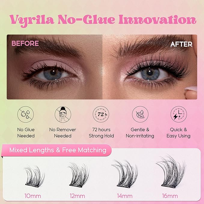 VYRILA Self Adhesive Lash Clusters Kit, D Curl Wispy Pre Glued Lash Extensions with Tweezers, Reusable 0.1mm Ultra Thin Band Natural Eyelashes, Easy Apply Eyelash Clusters for Beginners(PG-ZE02)