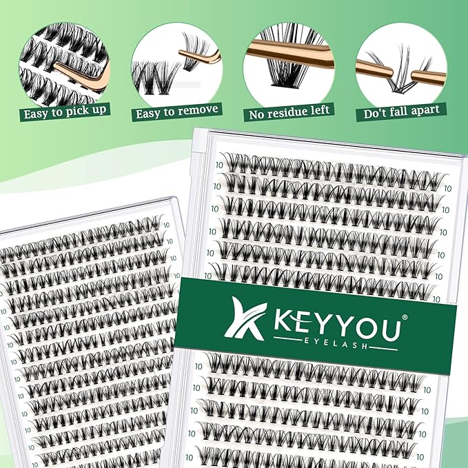 Lash Clusters 300pcs Individual Lashes 30D 0.07D Curl 10mm DIY Eyelash Extension KEYYOU Large Tray Volume Soft&Natural Cluster Lashes(30D-0.07D,10）