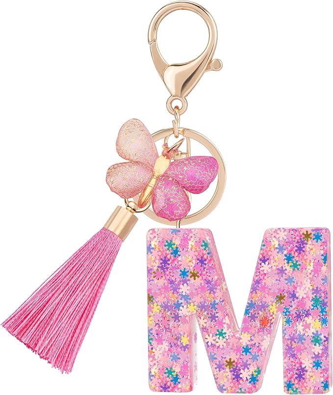 Suweibuke Cute Pink Key Chains for Women Girls, Initial Letter Keychains with Tassel, Charms for Key Purse Handbags Backpacks