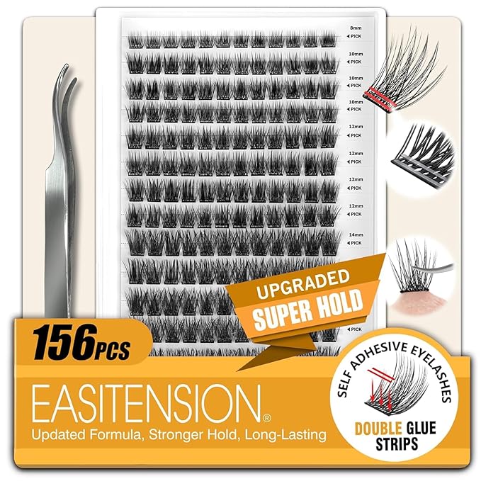 EASITENSION 156 PCS Self Adhesive Eyelashes Clusters Kit Lash Clusters DIY Eyelashes Pre Glued No Glue Needed No Remover No residue