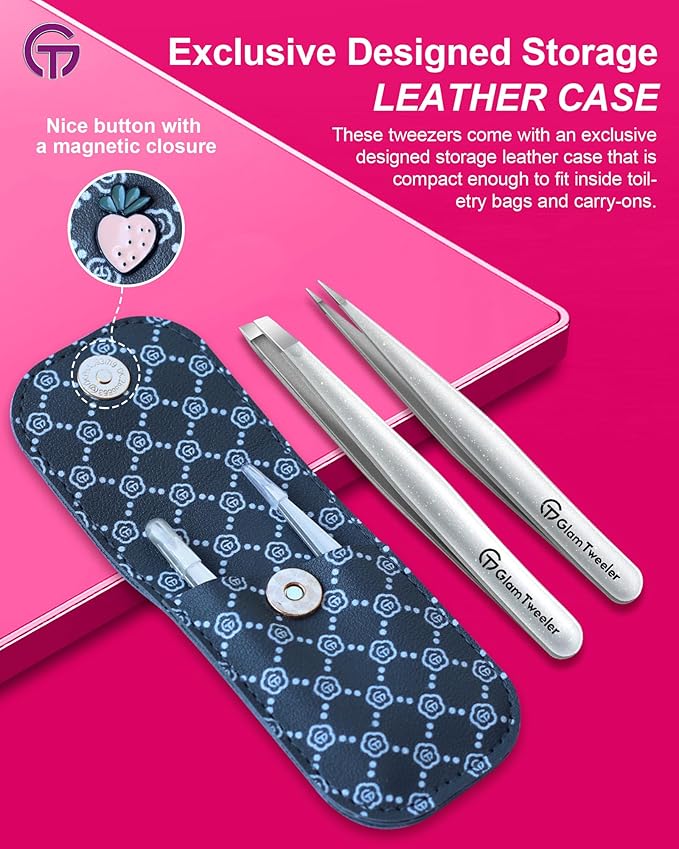 Expert Slant and Point Tip Tweezer Set with Exclusive Storage & Carrying Case, GlamTweeler Sharp & Precision Tweezer Set for Eyebrows, Facial Hairs and Fine Hairs Removal (Sparkle Silver)