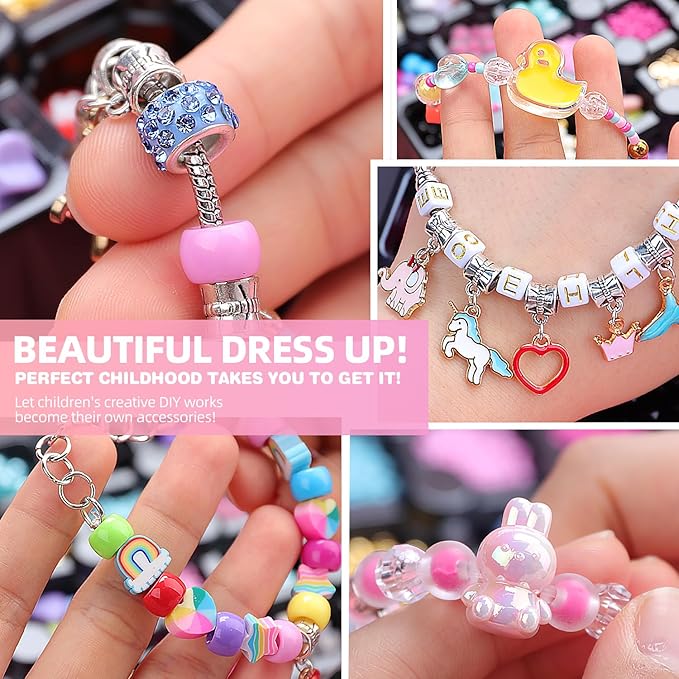 DIY Jewelry Making Kit for Girls, Pink Storage Box with Beads, Bracelets, Nail Polish, Craft Set with Dress Up Accessories, Ages 5-12