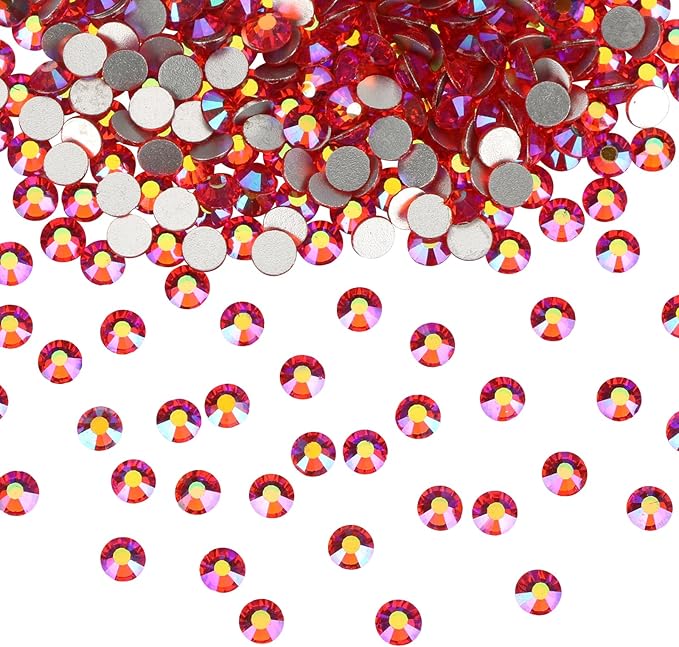 Jollin Glue Fix Crystal Flatback Rhinestones Glass Diamantes Gems for Nail Art Crafts Decorations Clothes Shoes(ss34 288pcs, Red AB)